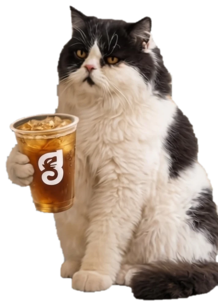 Kucing hitam putih memegang segelas es caramel latte