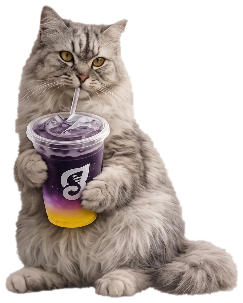 Kucing abu-abu berbulu lebat memegang segelas minuman taro
